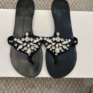 GIUSEPPE ZANOTTI  Black Embellished Crystal Sandals, Size 37 1/2